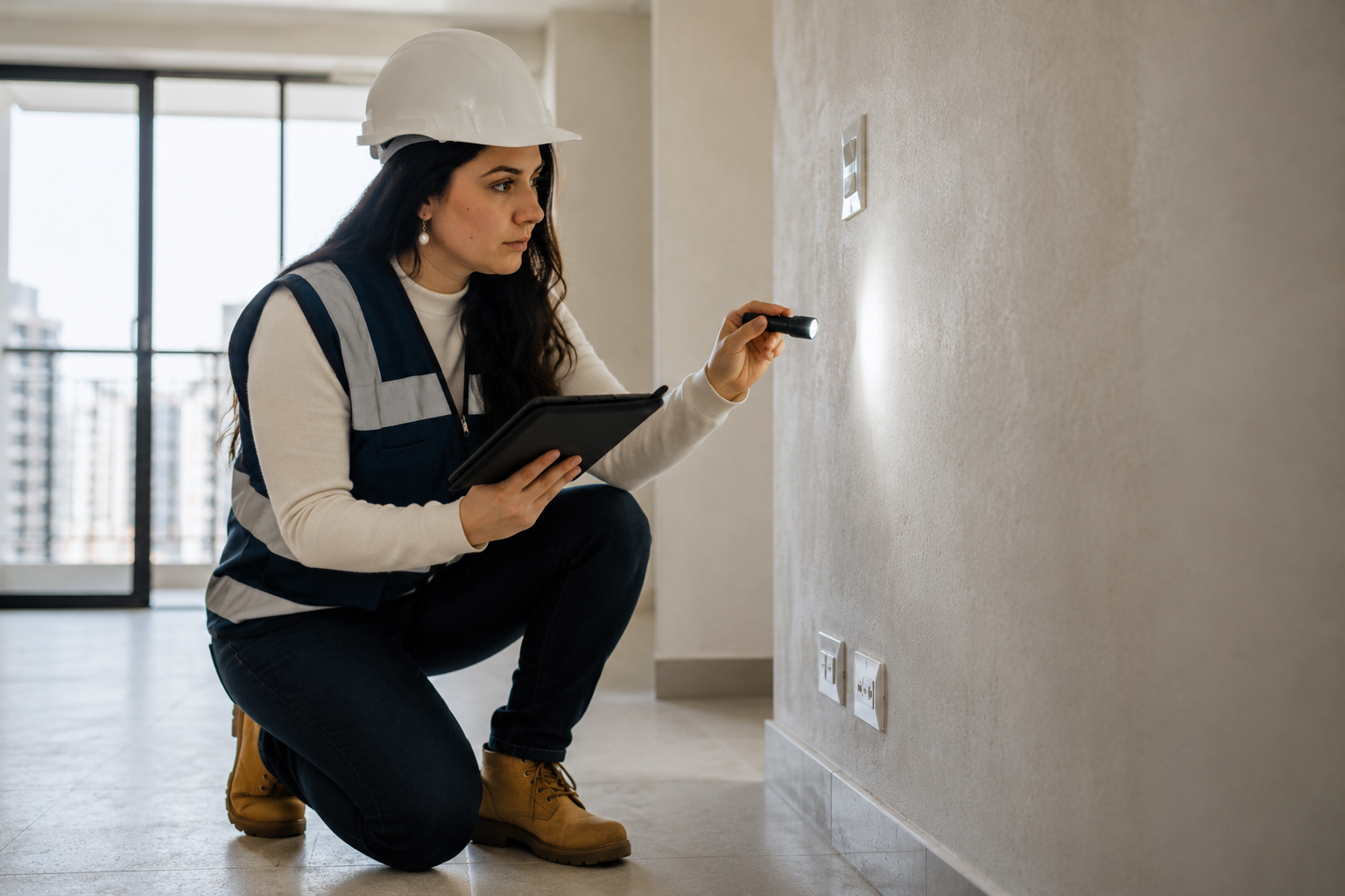 Engenheira realizando vistoria técnica em imóvel novo