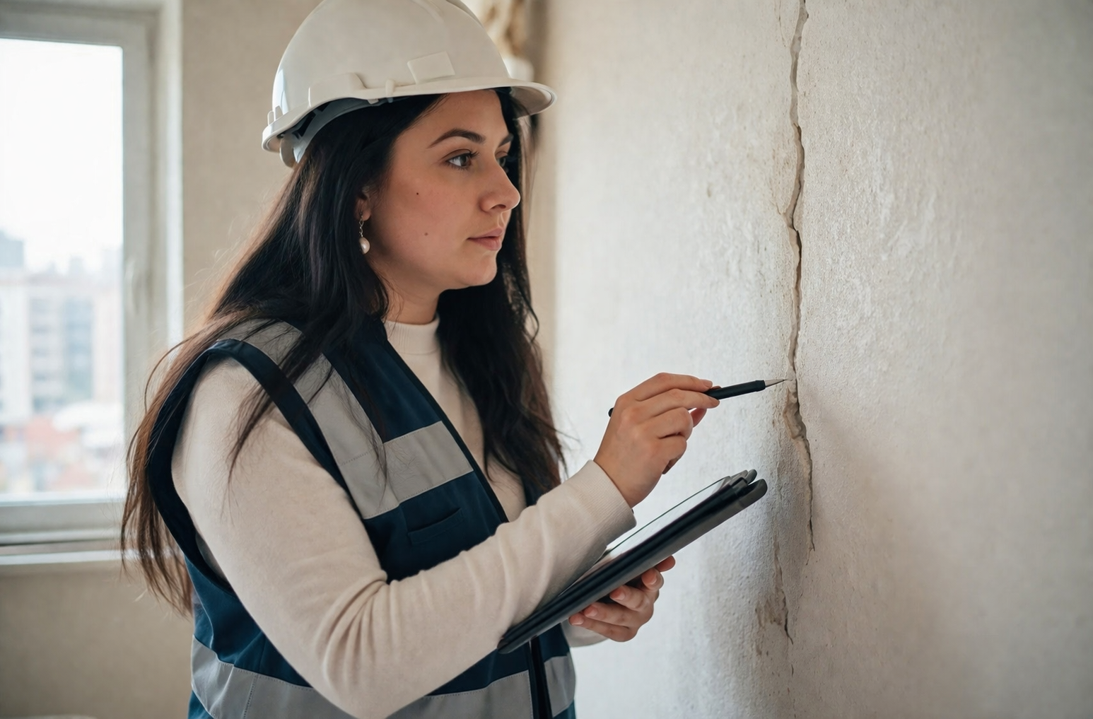 Engenheira Lorrayne realizando vistoria técnica em imóvel